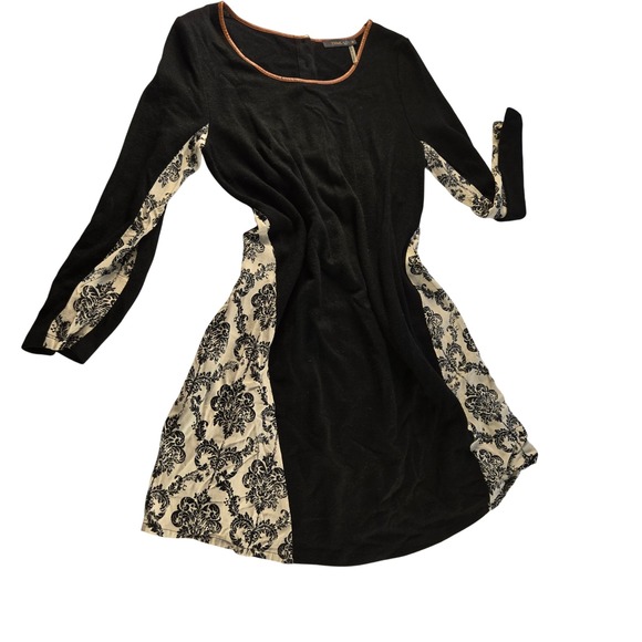THML Black Cream Damask Contrast Print Long Sleeve fit flare Dress Size Medium - Picture 4 of 8